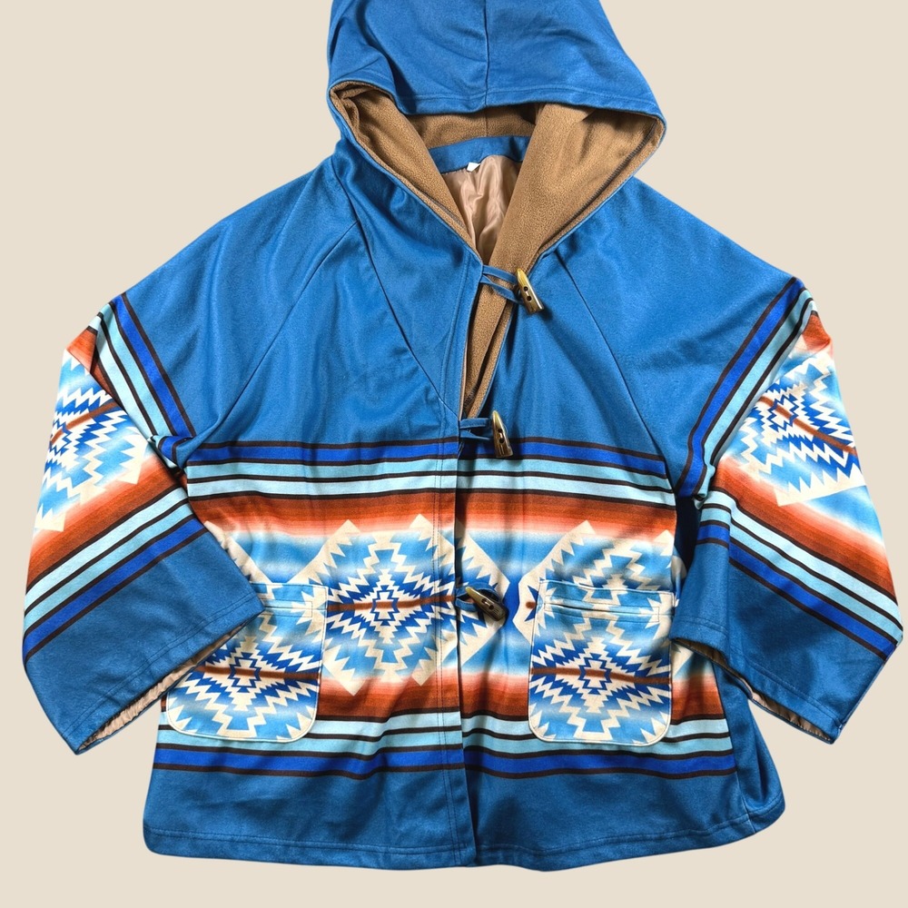 Southwestern Hooded Coat Women XL Blue Geometric Aztec Toggle Jacket Outerwear